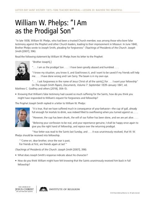 William W. Phelps: “I Am as the Prodigal Son” handout