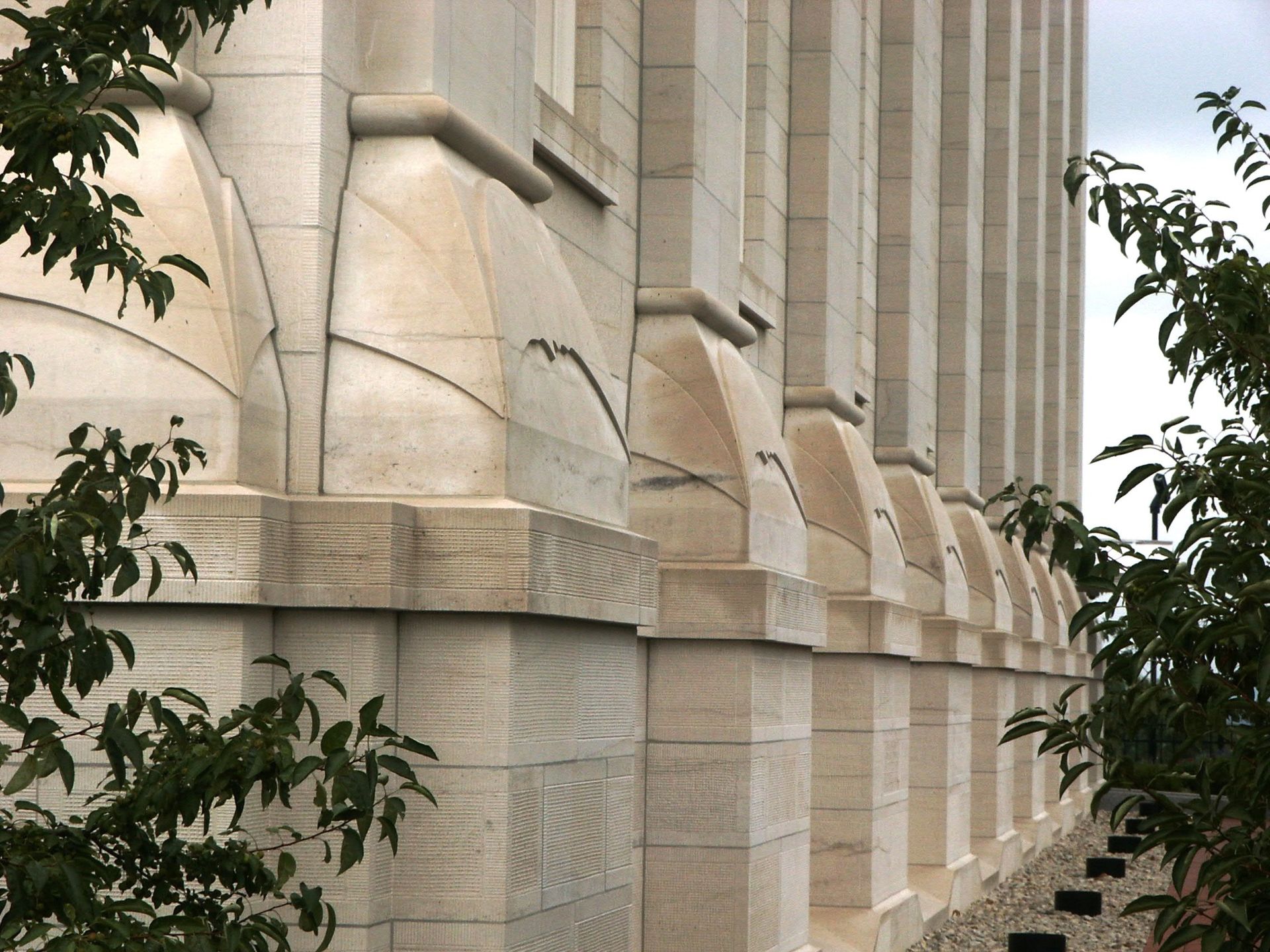 The exterior of the Nauvoo Illinois Temple, with scenery.