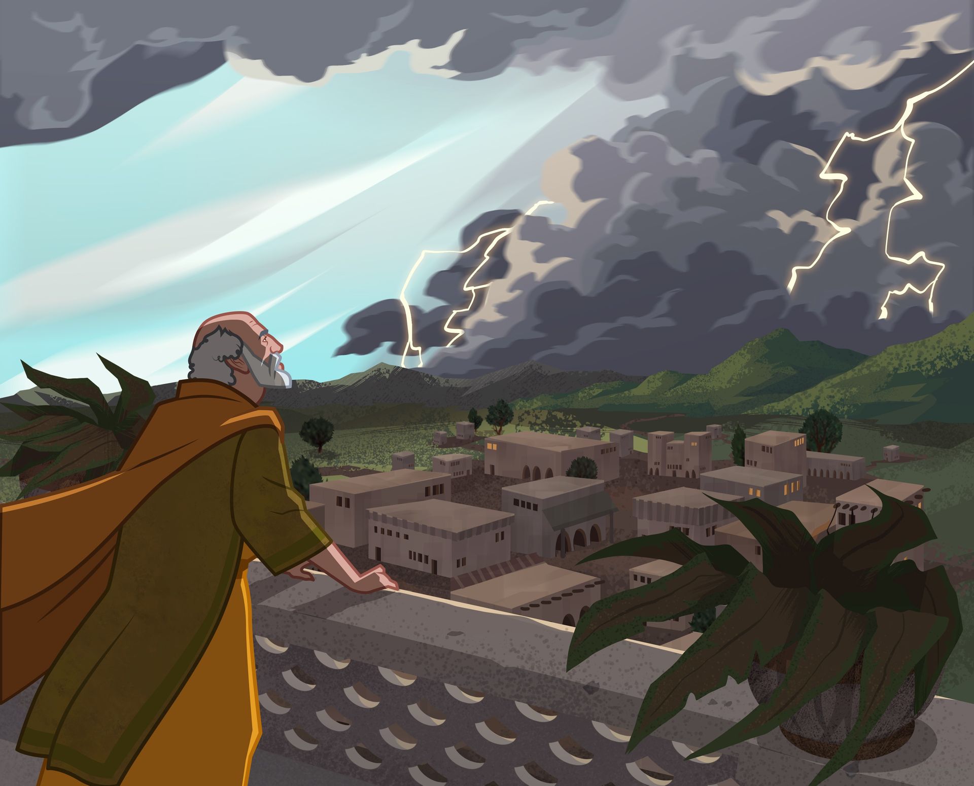 Ilustración de Job mirando una tormenta. 
Job 1:6–12