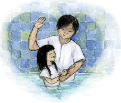 Check out the pdf and read the story. 1. Heart with rainbow and clouds. 2. Young boy (6 yrs old) praying with parents (African family). 3. Young girl (8 yrs old) being baptized (Asian). 4. Three children, who are under 10, happy and are friends.