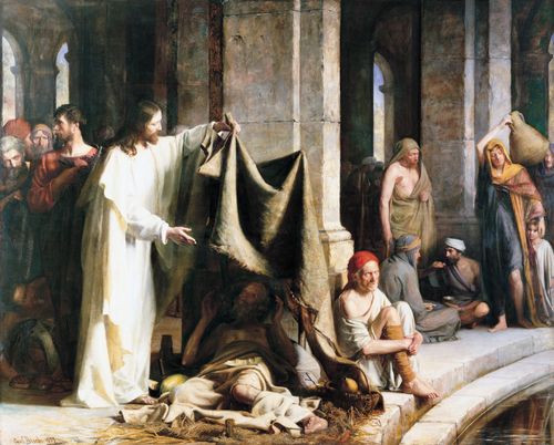 Jesus Christ raising a makeshift shelter to talk to a disabled man who is waiting in a crowd near the waters of the pool of Bethesda.
