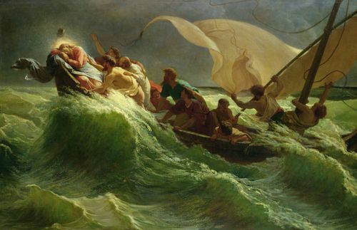 Jesus schläft im Boot, während seine Jünger wegen des Sturms verängstigt sind