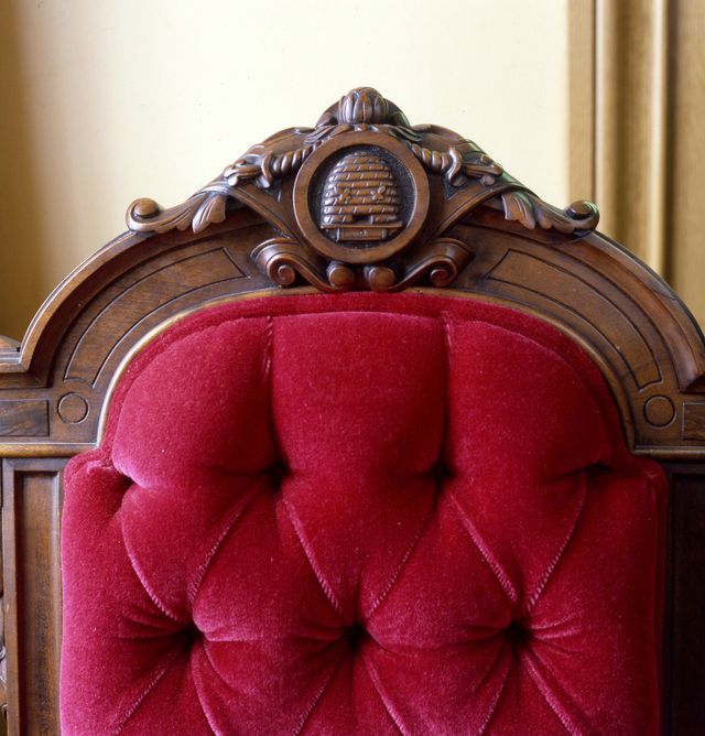 An upholstered chair back in the Lion House, Salt Lake City