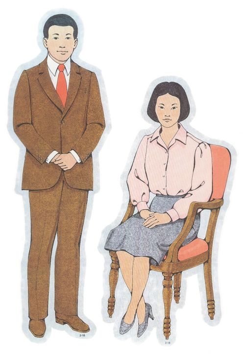 Primary cutouts of an Asian father standing in a white shirt, red tie, and brown suit and an Asian mother sitting in a pink blouse, a gray skirt, and heels.