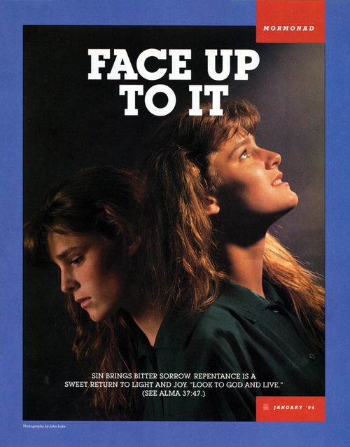 A conceptual photograph showing two versions of a young woman, one looking down and the other up, paired with the words “Face Up to It.”