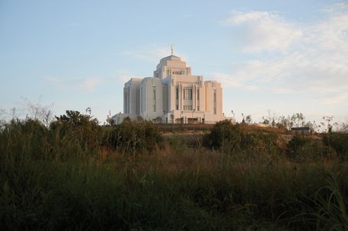 The exterior of the Meridian Idaho Temple at sunset.