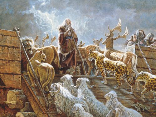 Noah with animals entering the ark