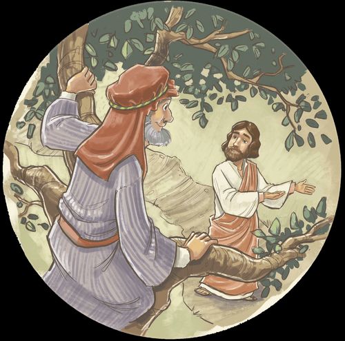 Three (3) spot illustrations of Jesus.  1. Zacchaeus in the tree and Jesus looking up at him. 2. Christ with two or 3 Biblical-era kids. 3. Christ and the woman with a container of oil BEFORE she starts the process of wiping his feet with her hair.  Three spot illustrations of children following Christ's teachings. 1. Child sees another child eating alone, the boy is East Asian and the girl is Hispanic. 2. Child invites another child to play. Both children are of African heritage. 3. Child speaking kindly to a bullied child. Children are Caucasian.