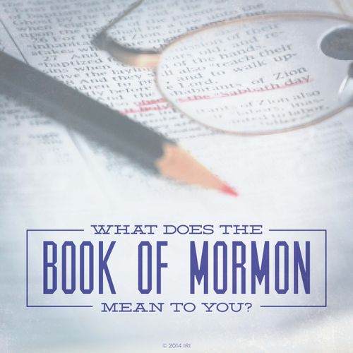 A photograph of a red scripture marker lying on an open copy of the Book of Mormon, with the words “What does the Book of Mormon mean to you?”