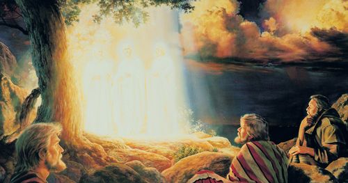 Christ surrounded by light as He is transfigured. Moses and Elias stand with Him. The three figures are standing behind a tree, and large colorful clouds are visible in the background. Peter, James and John sit on rocks in the foreground as they watch.