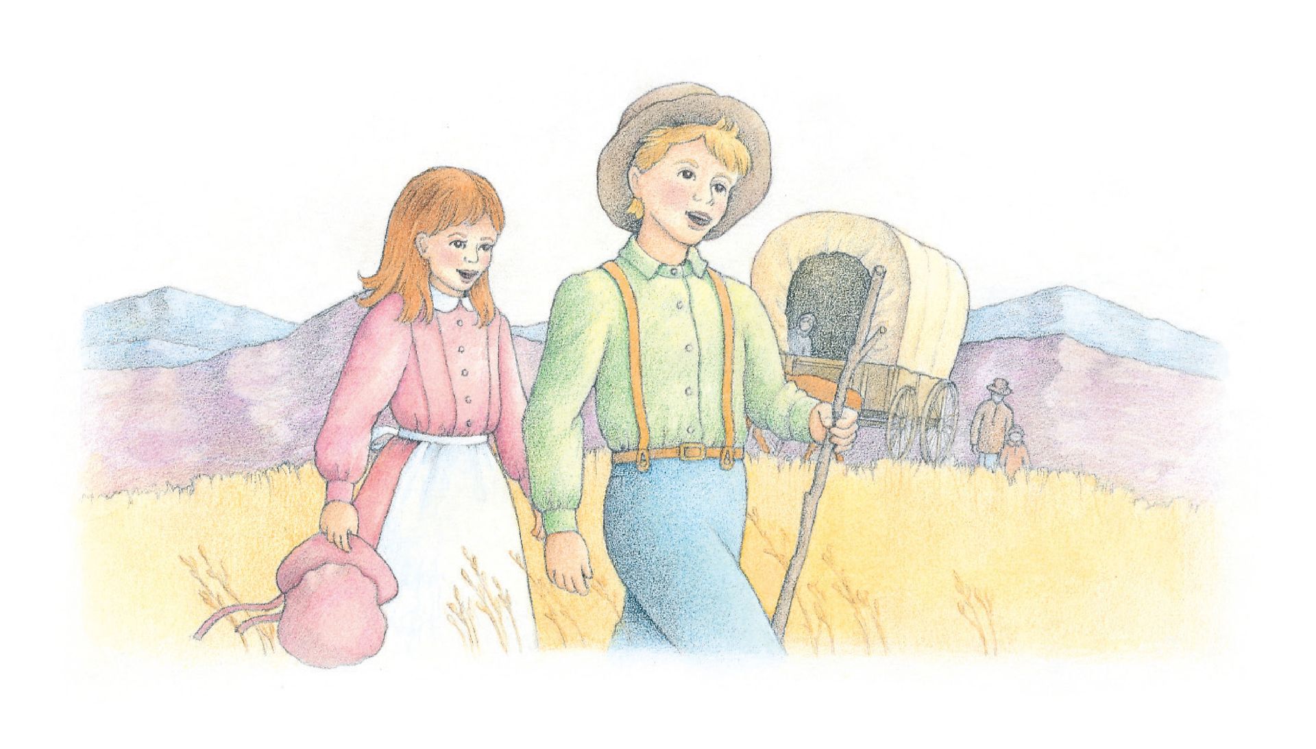 Two pioneer children walking and singing. From the Children’s Songbook, page 214, “Pioneer Children Sang as They Walked”; watercolor illustration by Beth Whittaker.