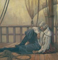 Christopher Columbus asleep on ship deck