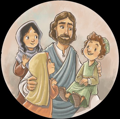 Three (3) spot illustrations of Jesus.  1. Zacchaeus in the tree and Jesus looking up at him. 2. Christ with two or 3 Biblical-era kids. 3. Christ and the woman with a container of oil BEFORE she starts the process of wiping his feet with her hair.  Three spot illustrations of children following Christ's teachings. 1. Child sees another child eating alone, the boy is East Asian and the girl is Hispanic. 2. Child invites another child to play. Both children are of African heritage. 3. Child speaking kindly to a bullied child. Children are Caucasian.