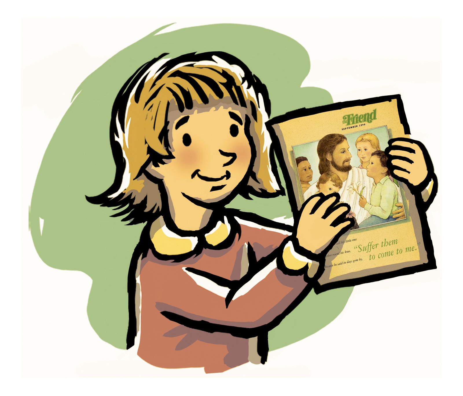 A young girl smiles and holds the Friend magazine in her hands.
