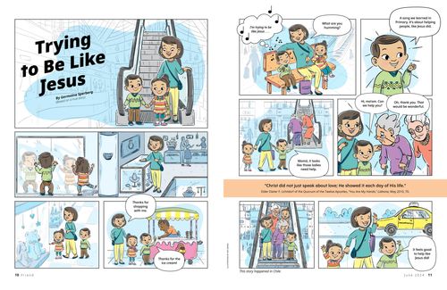 Panel story for young children with images of children helping people on an escalator