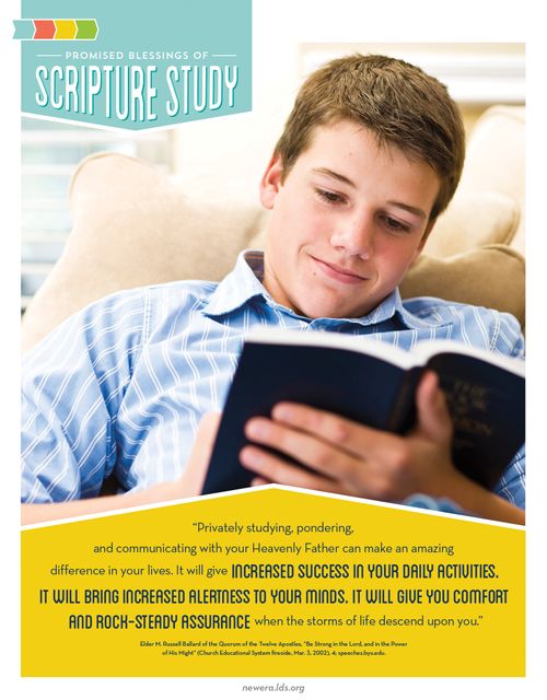 A young man reading the Book of Mormon, with a quote by Elder M. Russell Ballard: “Privately studying, pondering, and communicating with your Heavenly Father can make an amazing difference in your lives. It will give increased success in your daily activities. It will bring increased alertness to your minds. It will give you comfort and rock-steady assurance when the storms of life descend upon you.”