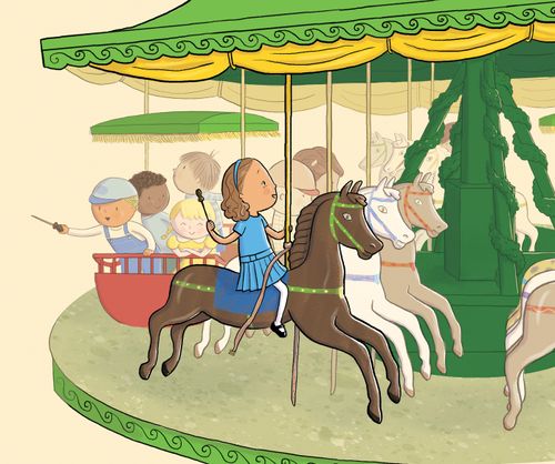 Young girl riding a horse on a carousel while holding a stick