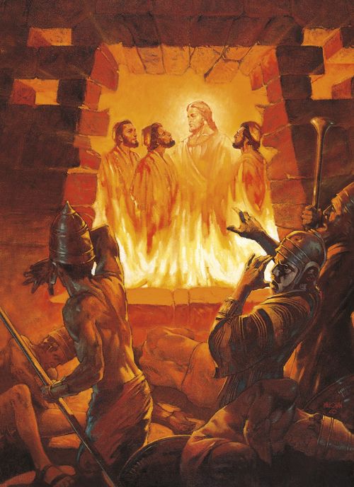 Jesus Christ depicted standing with the Old Testament figures Shadrach, Meshach and Abednego in the fiery furnace of King Nebuchadnezzar. The three men standing with Christ are unharmed by the flames. The servants of the king are backing away and falling to the ground due to the intense heat of the furnace.