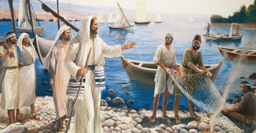 Christ standing on a seashore. He is beckoning to two men who stand near Him. The two men are holding a fishing net over a small fire. Fishing boats and fishermen are visible in the background. The painting depicts Christ calling some of His Apostles or disciples.