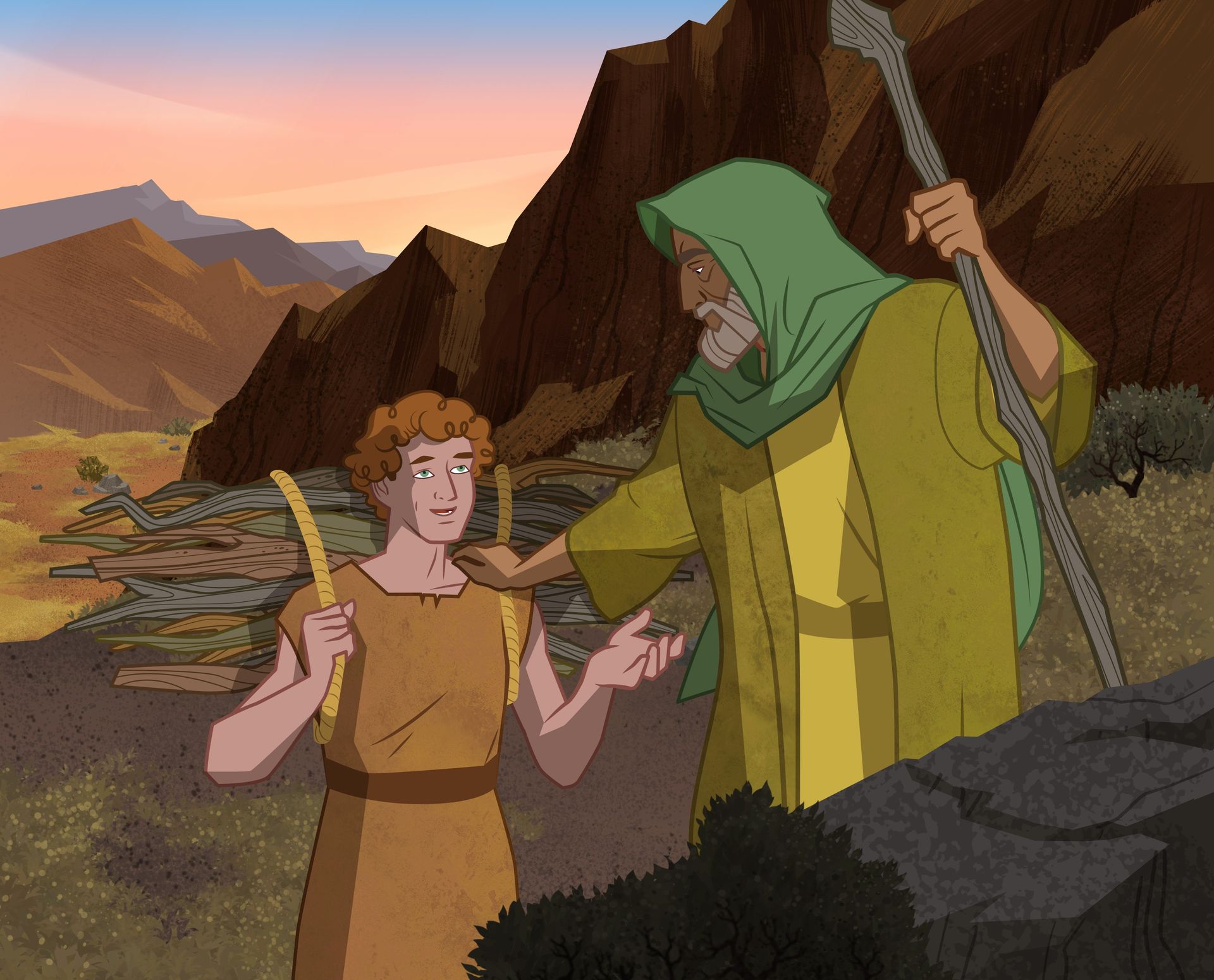 Ilustración de Abraham e Isaac viajando. 
Génesis 22:4–8