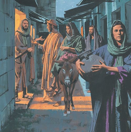 Mary and Joseph are turned away from an inn in Bethlehem - ch.5-3