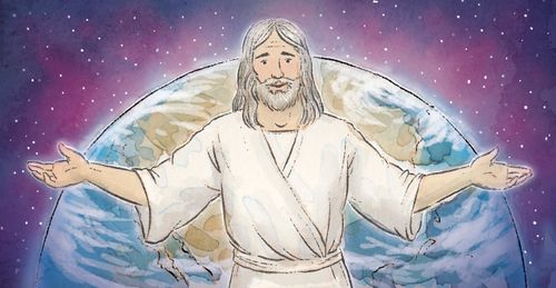 Jesus standing with arms outstretched in front of earth