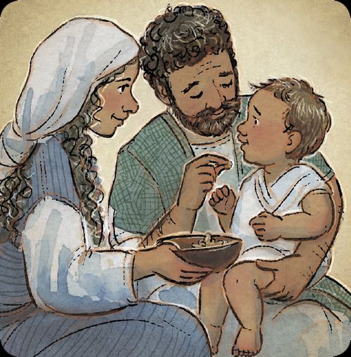 Mary and Joseph feeding young Jesus