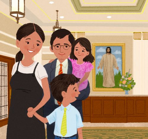 Familj som går genom templet