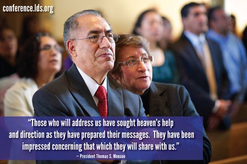 An image of a couple at conference, combined with a quote by President Thomas S. Monson: “Those who will address us have sought heaven’s help.”