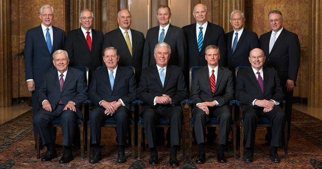 Official Group Portrait of the Quorum of the Twelve Apostles.  Photographed April 2018.   Front row, left to right: President Russell M. Ballard, Elders Jeffrey R. Holland, Dieter F. Uchtdorf, David A. Bednar, Quentin L. Cook.  Back row: left to right:  D. Todd Christofferson, Neil L. Andersen, Ronald A. Rasband, Gary E. Stevenson, Dale G. Renlund, Gerrit W. Gong and Ulisses Soares.