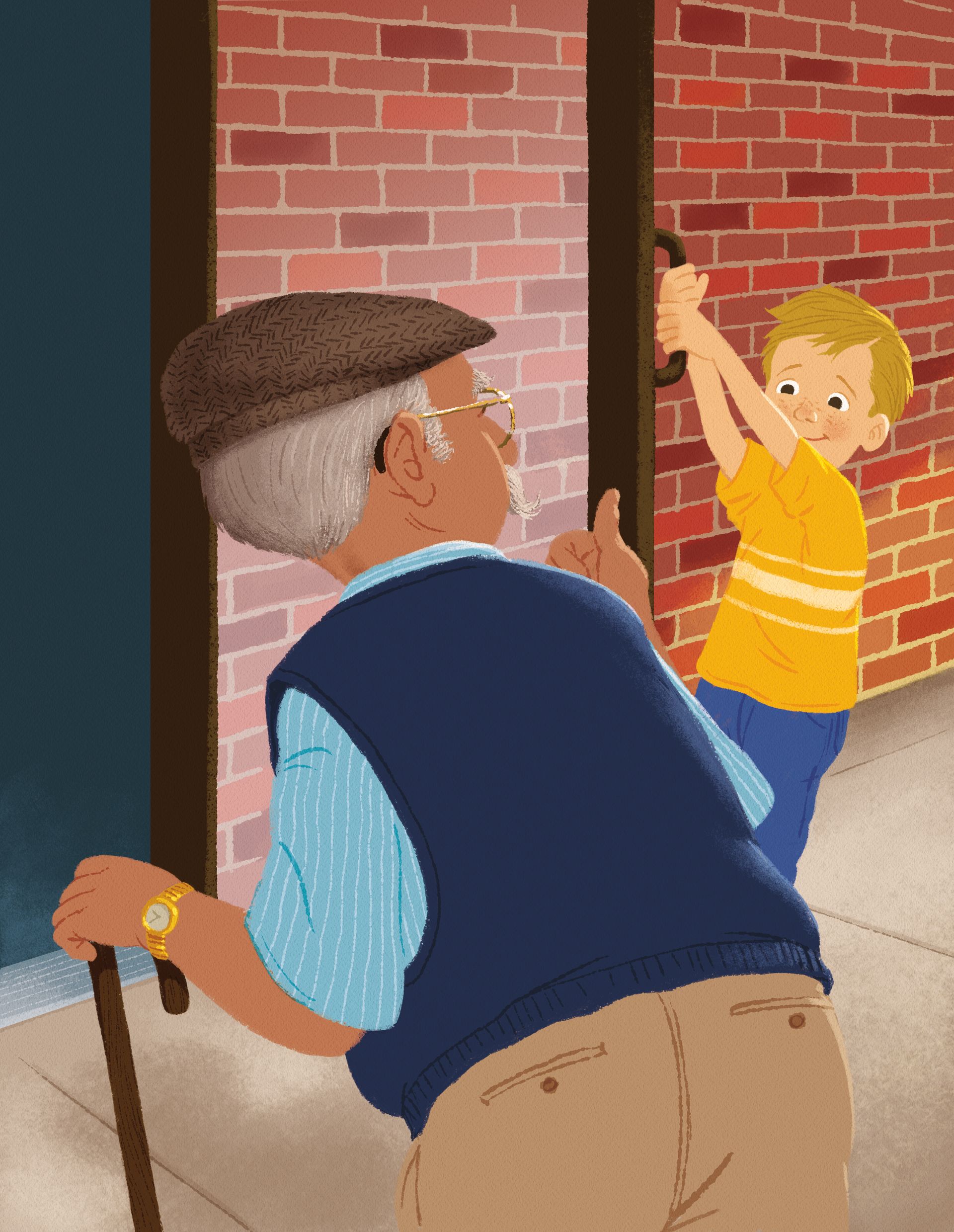 A little boy holds open a door for an elderly man, who is walking with a cane.
