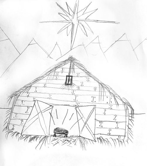 Child’s sketch of stable and star in Bethlehem