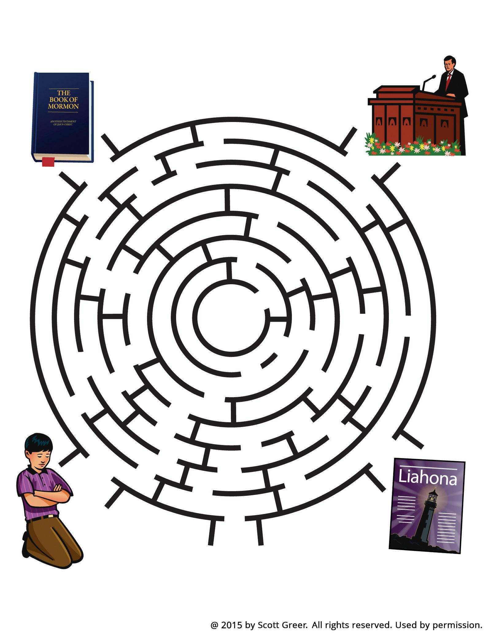 A maze with four entrances or exits with different illustrations.