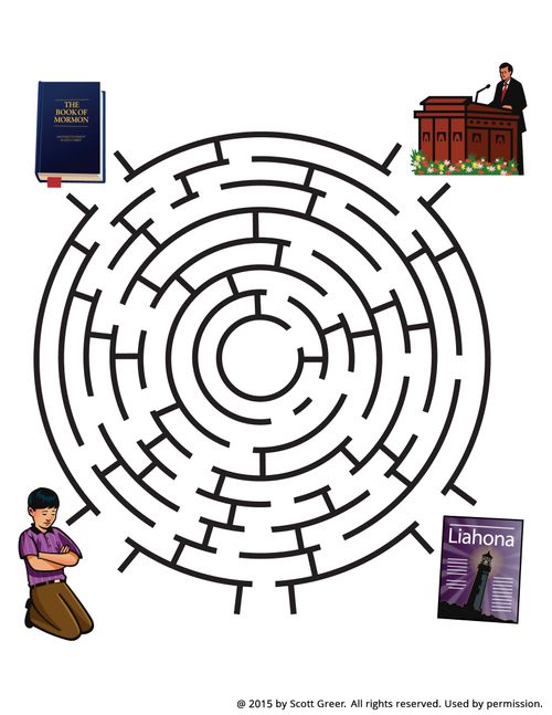 A maze with four entrances or exits illustrated with a Book of Mormon, a boy praying, a Liahona, and a man speaking at a pulpit.