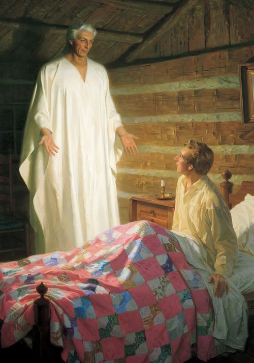 A painting by Tom Lovell depicting Joseph Smith sitting up in his bed under a patchwork quilt and seeing the angel Moroni in a white robe with his arms reaching out.