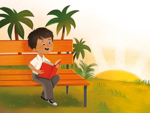 boy sitting on bench, reading