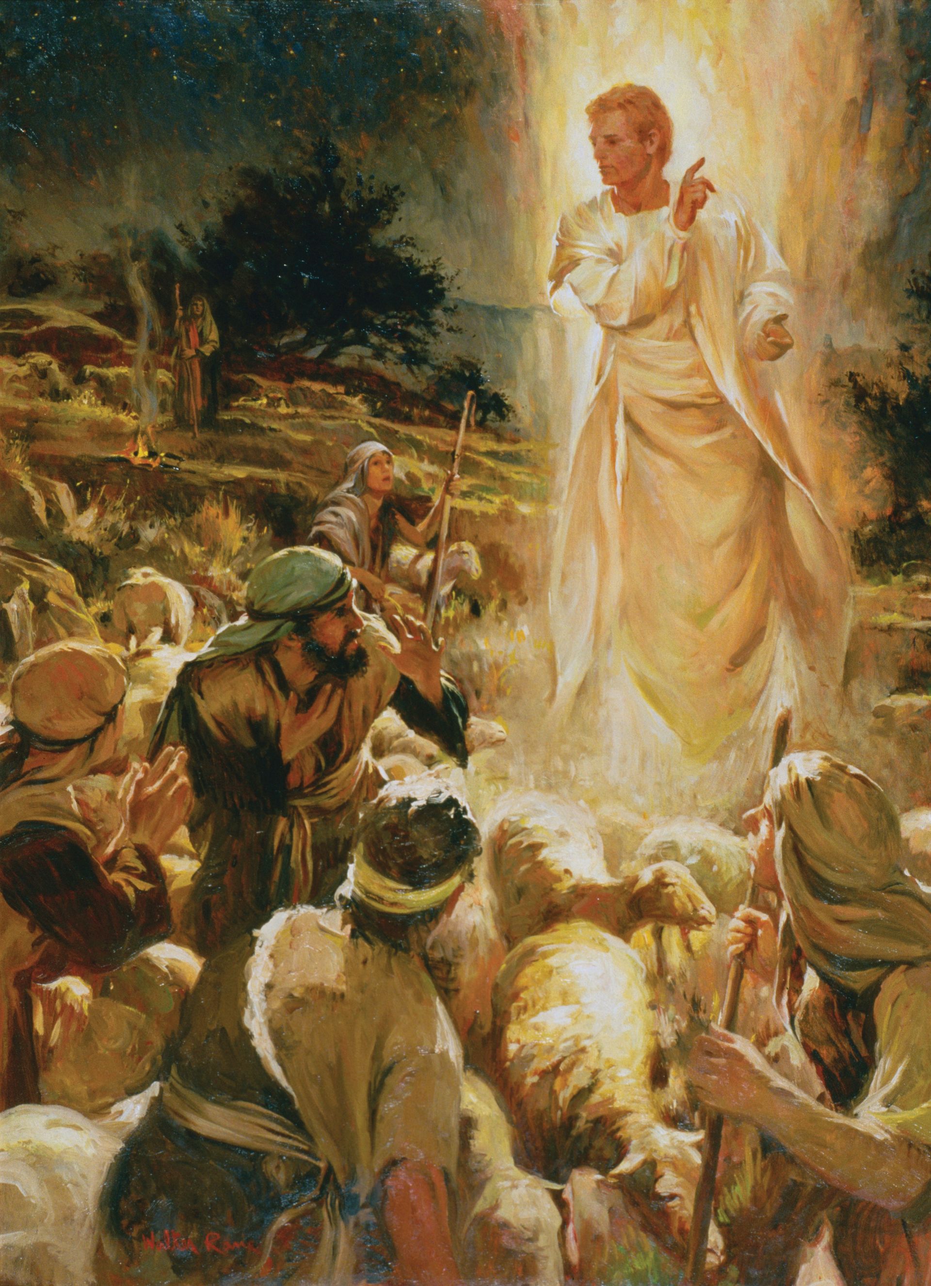 Buenas nuevas de gran gozo (El ángel se aparece a los pastores), por Walter Rane; Libro de obras de arte del Evangelio 31; Lucas 2:8–9.

Esta imagen debe ser usada únicamente para propósitos de la Iglesia.