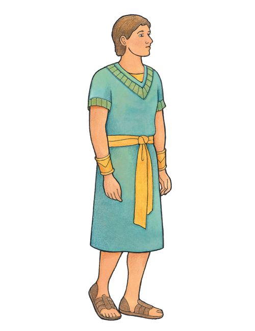An illustration of a male character from the Book of Mormon dressed in a blue robe, yellow sash, and sandals.