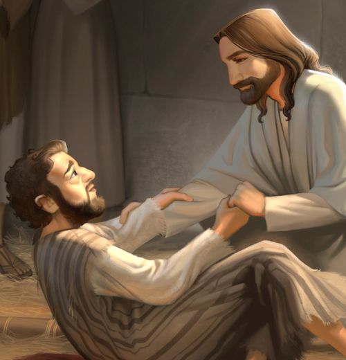 Jesus helping up a sick man
