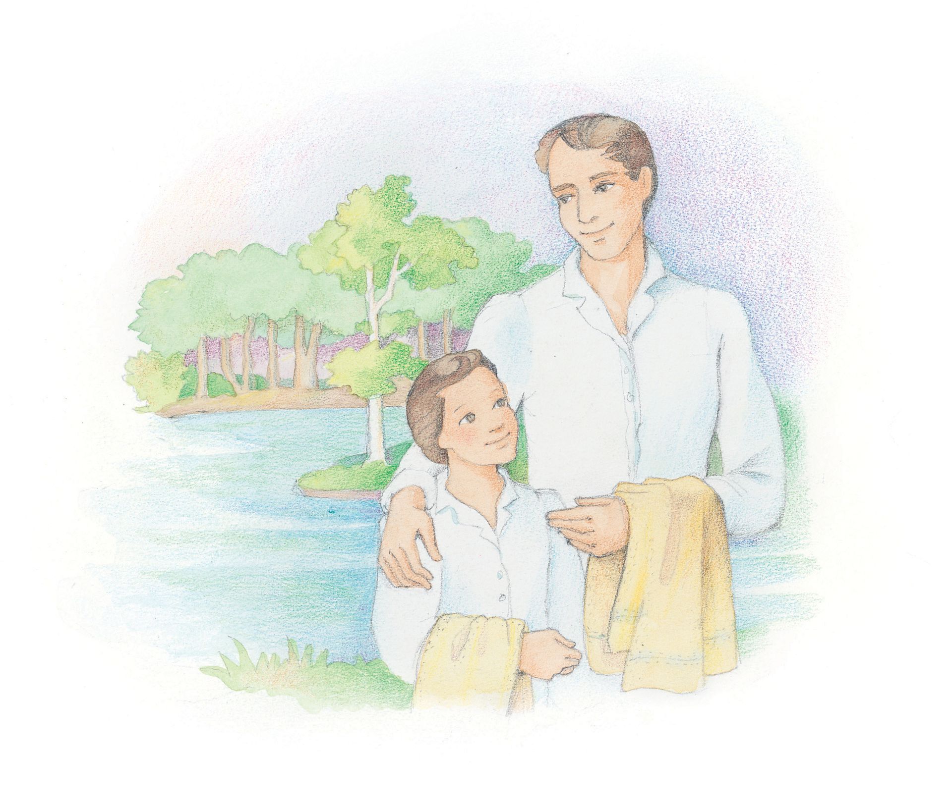 A boy standing with his father on his baptism day. From the Children’s Songbook, page 104, “I Like My Birthdays”; watercolor illustration by Phyllis Luch.