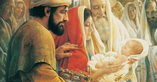 Mary, Joseph, and Simeon with the infant Jesus