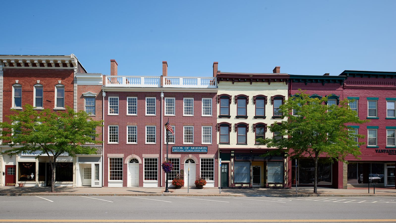 An exterior shot of the brick Grandin Print Shop building in Palmyra, New York.