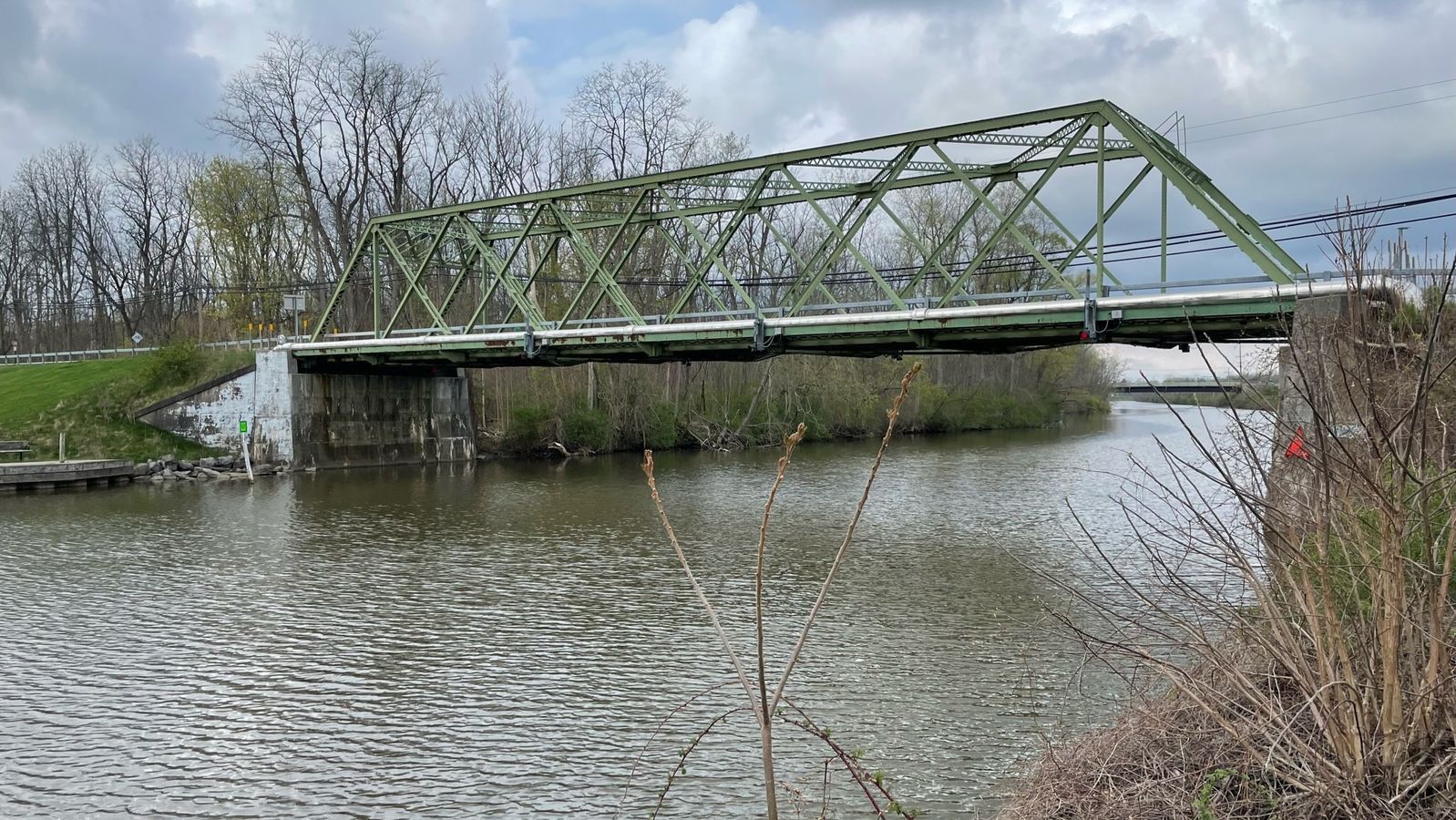 A bridge over a canal. 