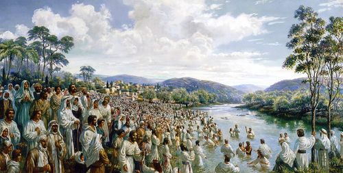 A large crowd of people being baptized in a river at the day of Pentecost.