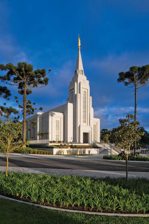 A portrait view of the Curitiba Brazil Temple on a sunny day, with a deep blue sky above and green plants and trees surrounding the building.