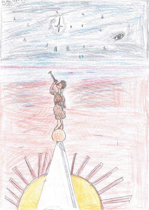 Children's artwork by Pedro Mariz Vasconcelos of an Angel Moroni statue on top of a temple with the sun rising.