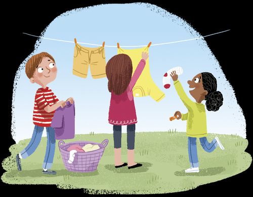 modern children helping hang up laundry