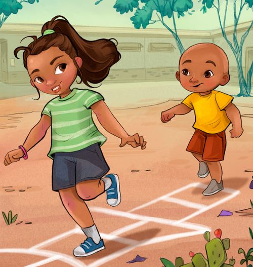 girl playing hopscotch with boy who is bald