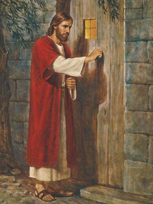 Jesus Christ depicted knocking on a door. Christ is portrayed wearing red and white robes. The painting illustrates the concept of Christ “knocking on the door,” as described in scripture. There is no doorknob depicted in the painting, symbolizing that the door must be opened from within.