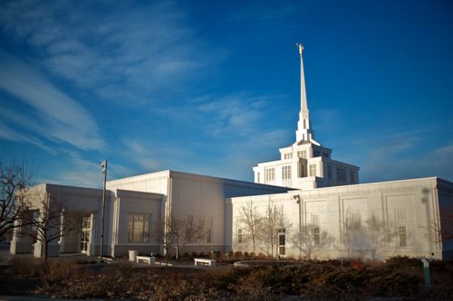 A side view of the Billings Montana Temple in the wintertime, with bare trees on the grounds.